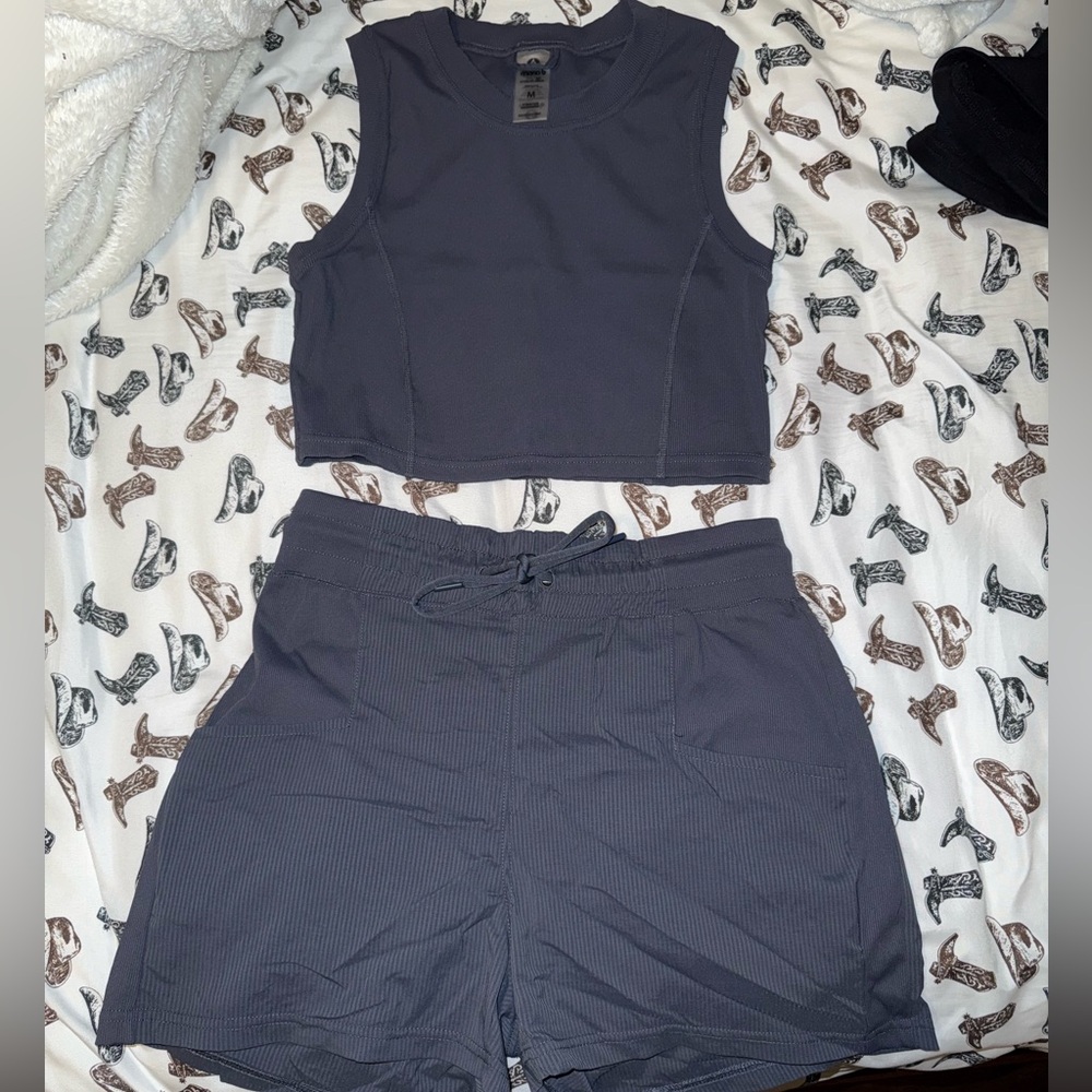 Grayish Blue Sleeveless Crop Top and High Waist Shorts Workout Set